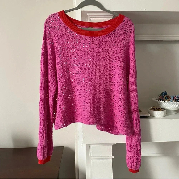 FREE PEOPLE ‘Home Run’ Pink and Red Crochet Sweater with Balloon Sleeves - Picture 1 of 6